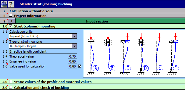 Calculation of the slender strut (column) buckling easy Screen Shot