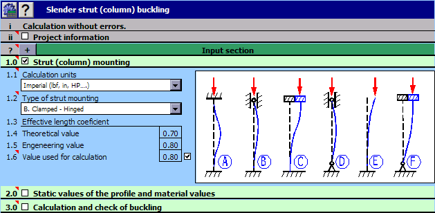 Calculation of the slender strut (column) buckling