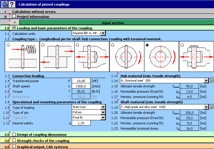 Geometric design and strength check of couplings using pins and clevis pins