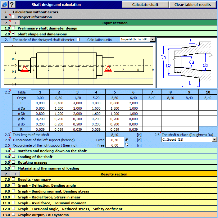 Geometrical design and complex strength check of shafts