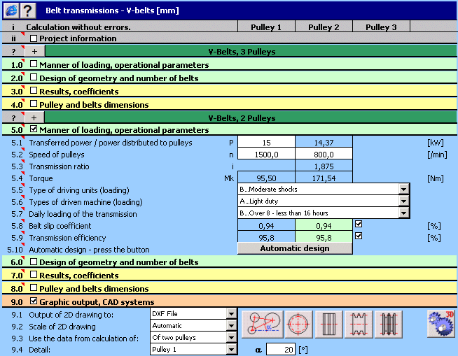 Geometric design and strength check of V-belt transmission