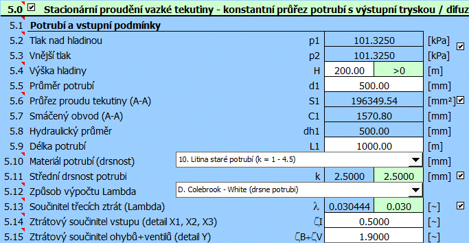 Stacionární proudění vazké tekutiny - konstantní průřez potrubí s výstupní tryskou / difuzorem Stacionární proudění vazké tekutiny - konstantní průřez potrubí s výstupní tryskou / difuzorem