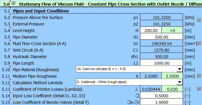 Stationary flow of  viscous fluid - constant pipe cross section with output nozzle / diffuser