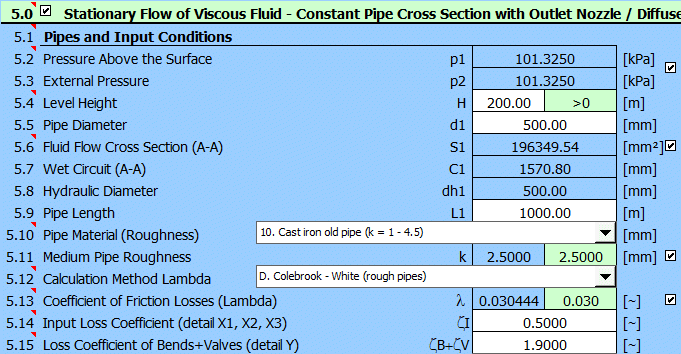 Stationary flow of viscous fluid - constant pipe cross section with output nozzle / diffuser Stationary flow of viscous fluid - constant pipe cross section with output nozzle / diffuser