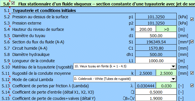 Flux stationnaire d'un fluide visqueux – section constante d'une tuyauterie avec jet de sortie/diffuseur