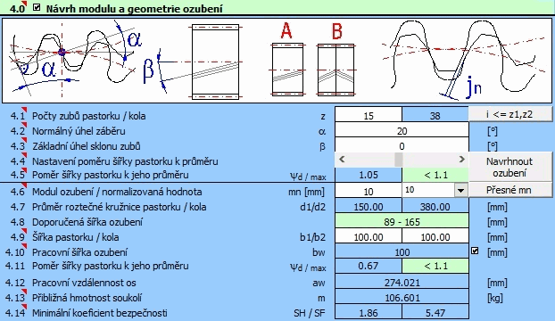 Čelní ozubení s přímými a šikmými zuby - Návrh modulu a geometrie ozubení